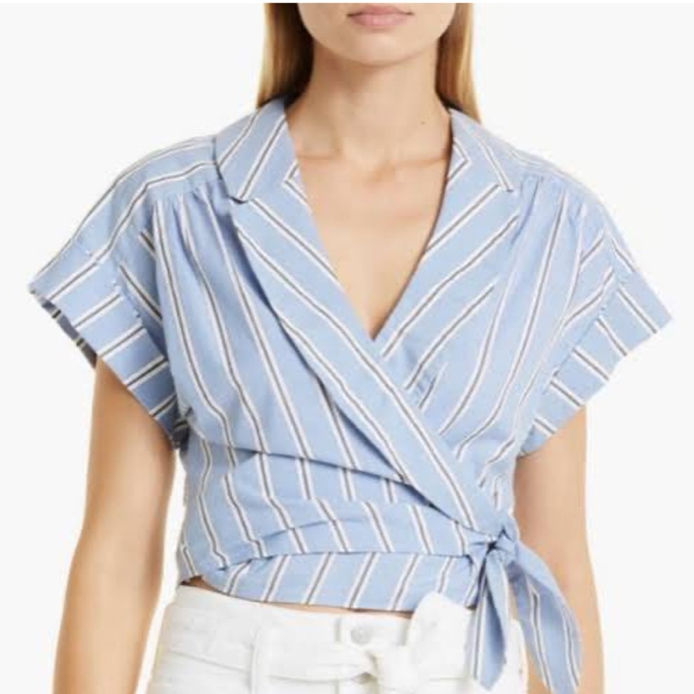Veronica Beard Light Blue Striped Wrap Blouse